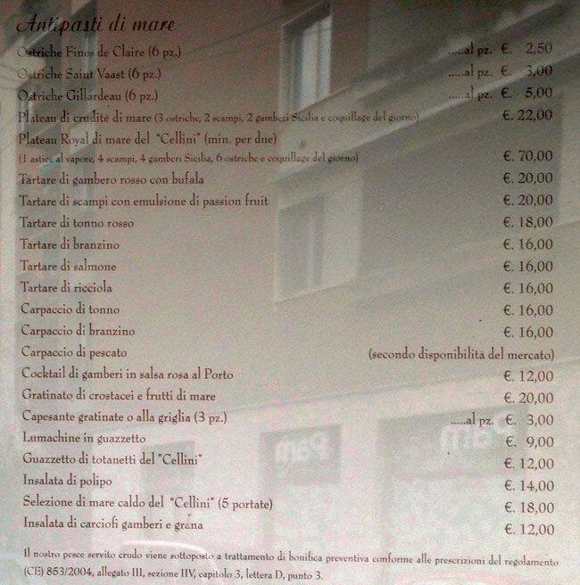 Menu di Cellini 