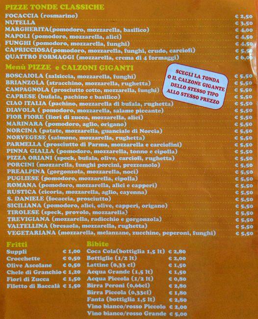 Menu di Pizza Oriani 