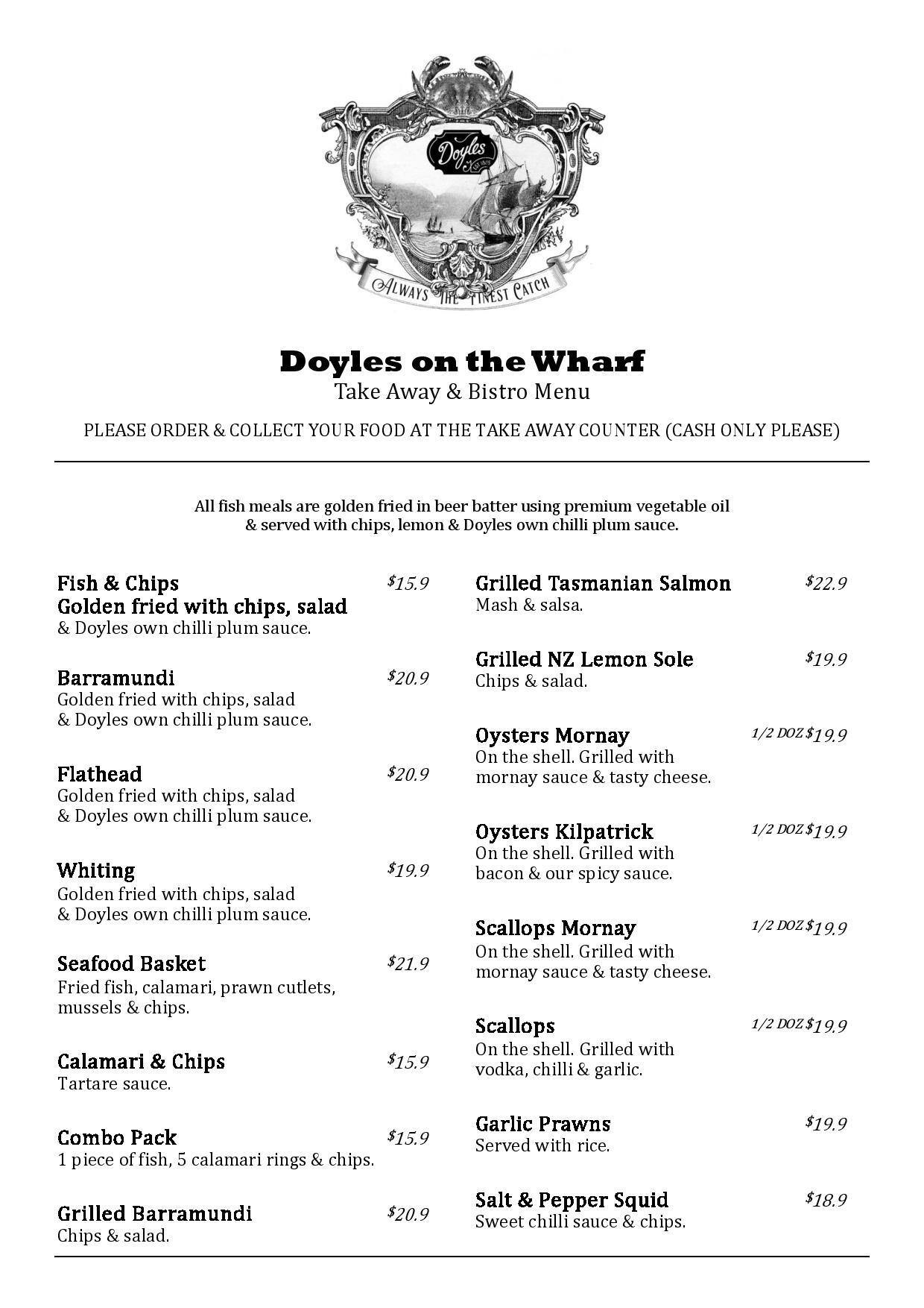 Doyles Fishermans Wharf menu, Menu restauracji Doyles  