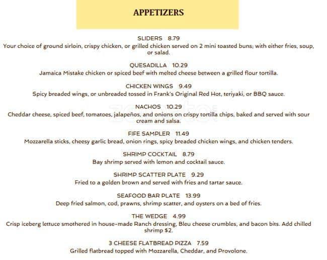 Menu at Johnnys At Fife Restaurant, Fife