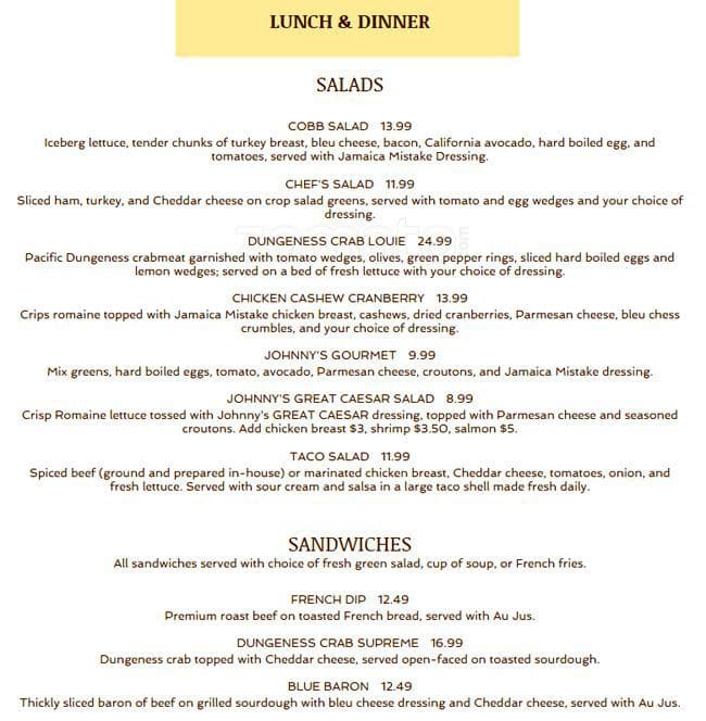 Menu at Johnnys At Fife Restaurant, Fife