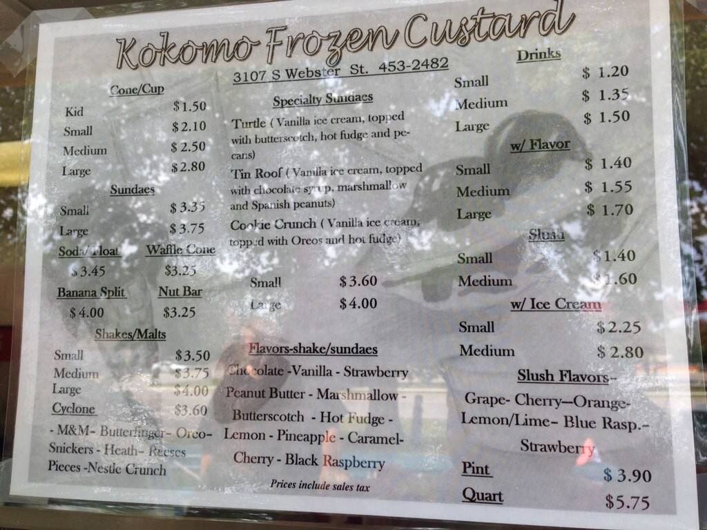Menu at Kokomo Frozen Custard desserts, Kokomo