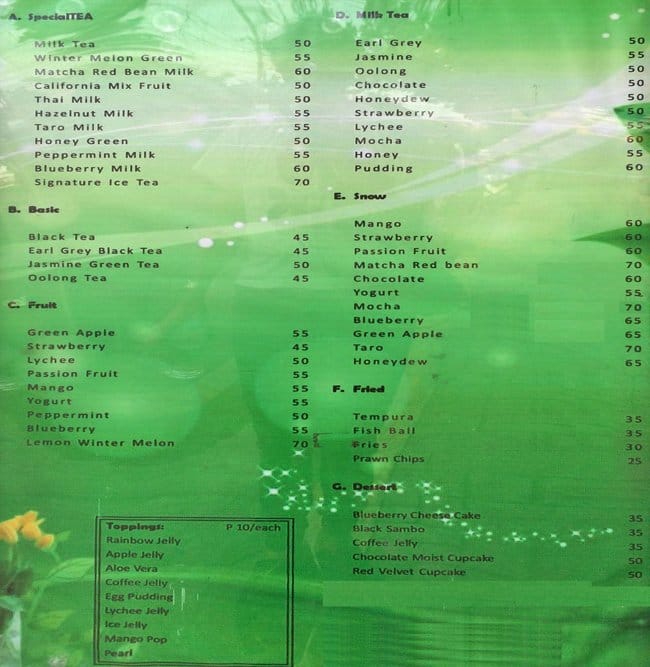 Jasmine Tea House Menu, Menu for Jasmine Tea House, Tisa, Cebu City