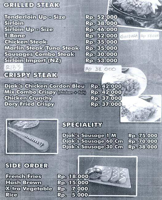 Djakarta's Steak Menu, Menu for Djakarta's Steak, Meruya, Jakarta