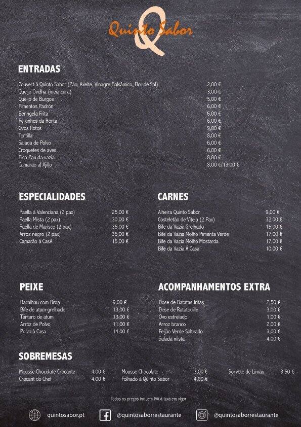 Menu at Quinto Sabor restaurant, Cascais