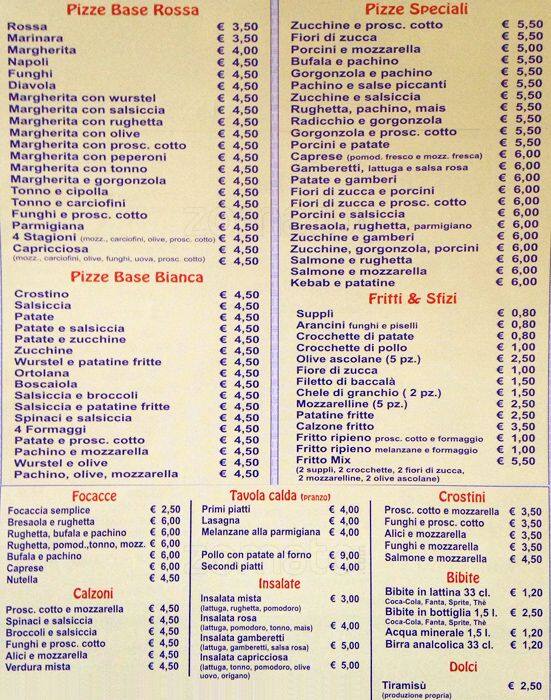 Menu au Pizza Joseph pizzeria, Rome