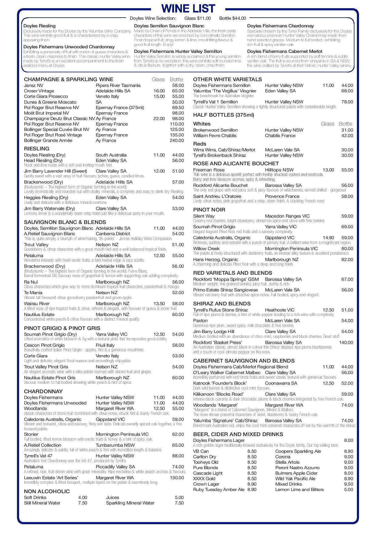 Menu at Doyles on the Beach restaurant, Watsons Bay, 11 Marine Parade