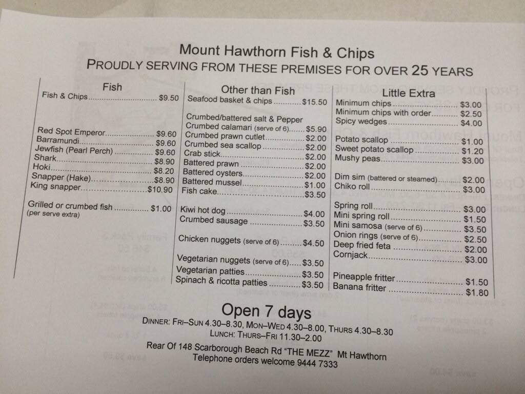 Mt Hawthorn Fish & Chips menu Urbanspoon/Zomato