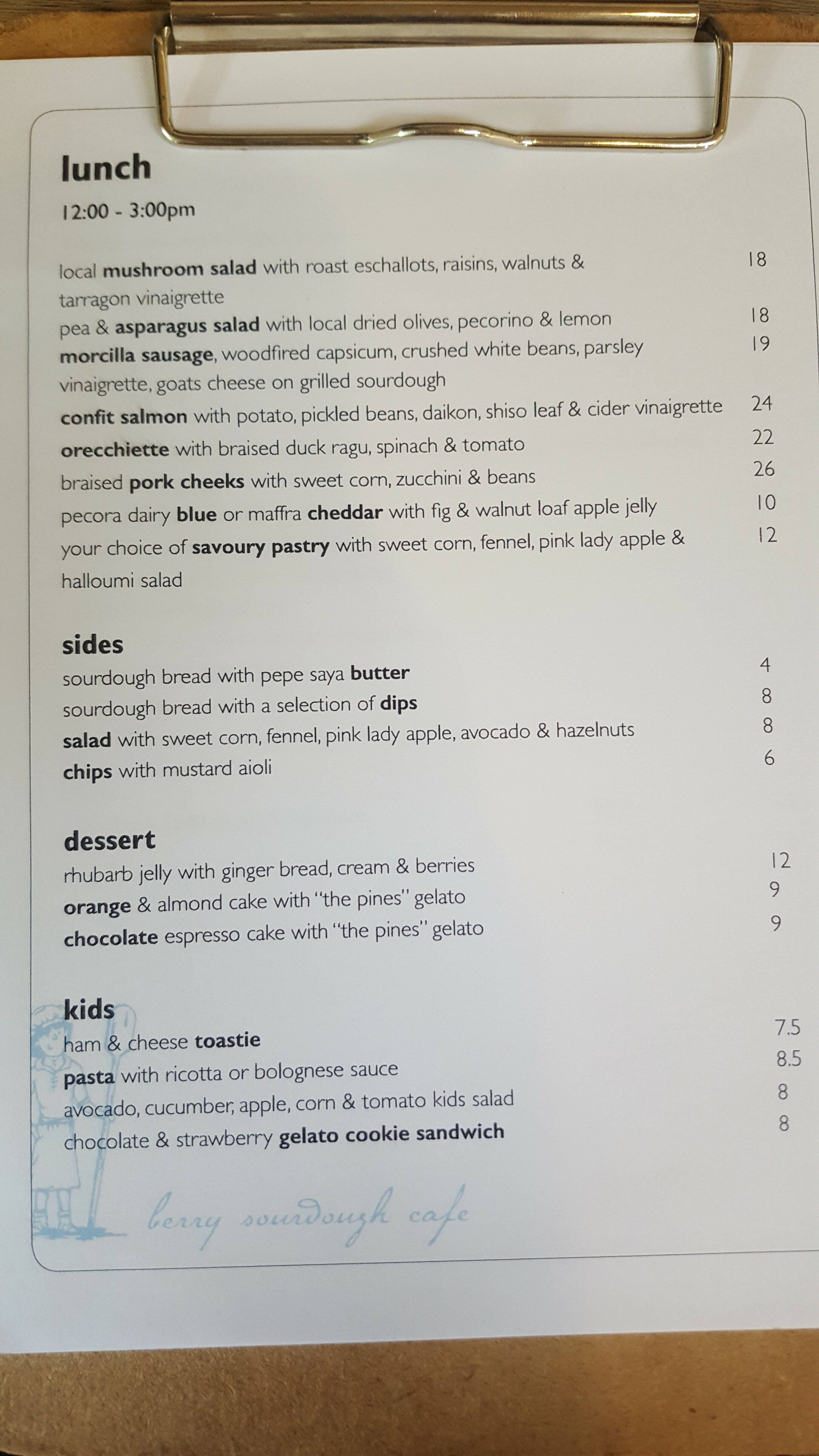 Menu at Berry Sourdough Cafe, Berry