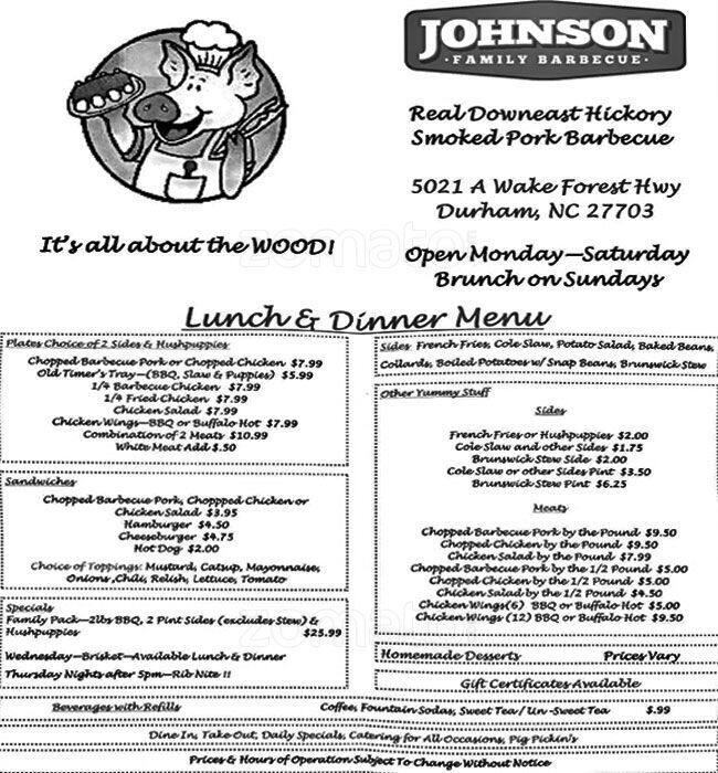 Johnson Family Barbecue Menu, Menu for Johnson Family Barbecue, East Durham, Research Triangle