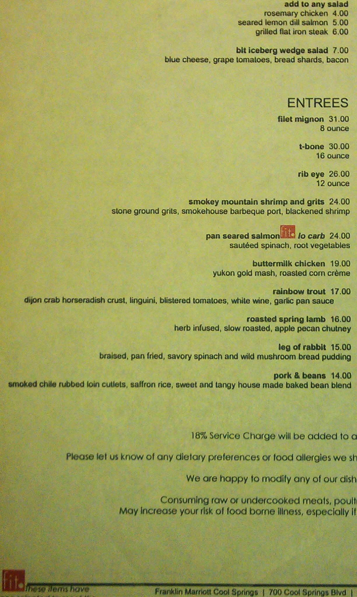 Menu at Lorraine's restaurant, Franklin