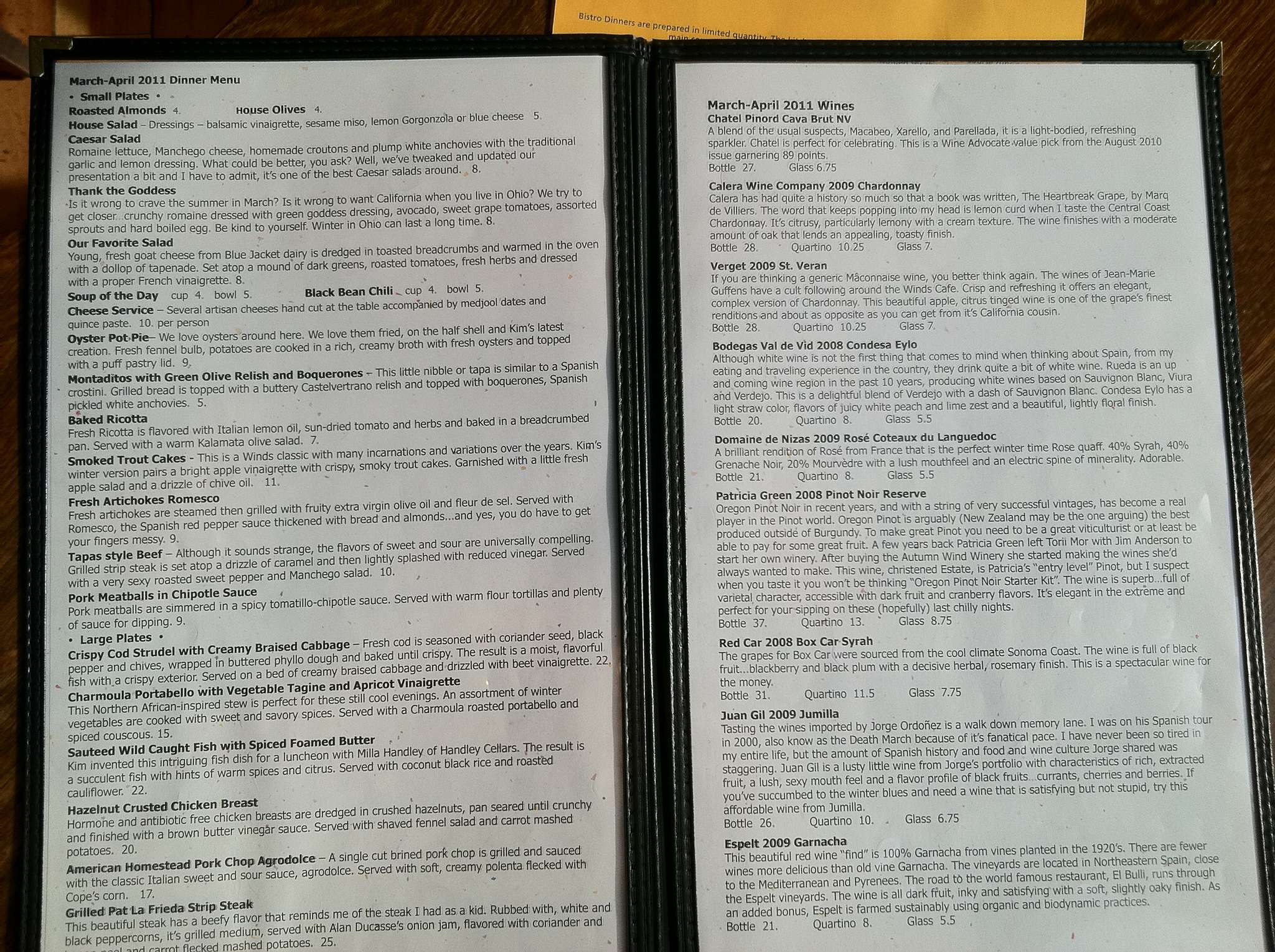 Winds Cafe Menu, Menu v reštaurácii Winds Cafe, Yellow Springs, Dayton