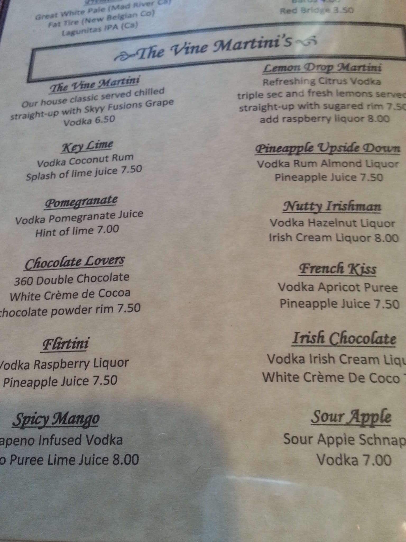 Menu at The Vine restaurant, Grants Pass