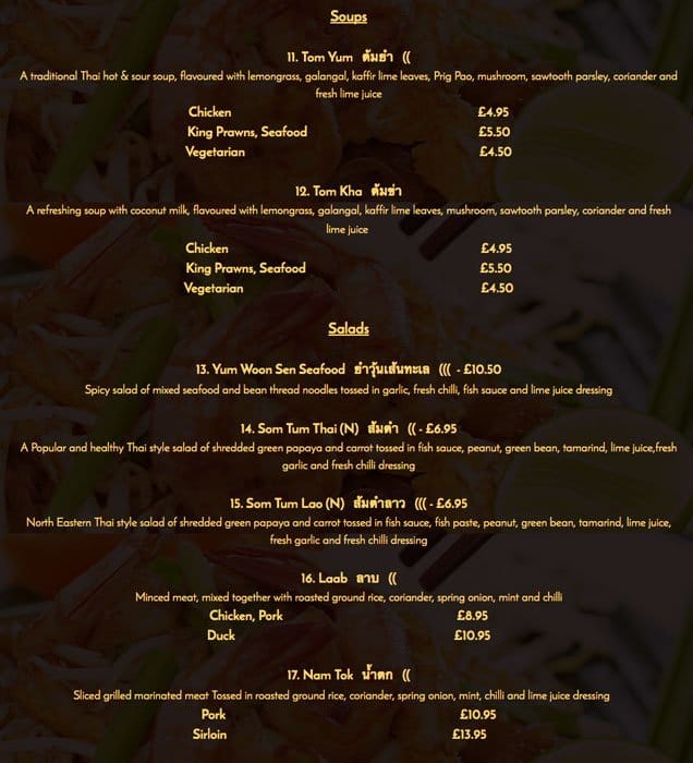 True Thai menu