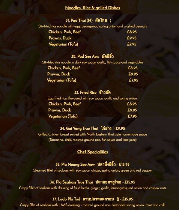 True Thai menu