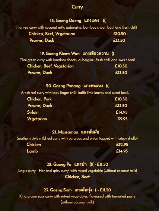 True Thai menu