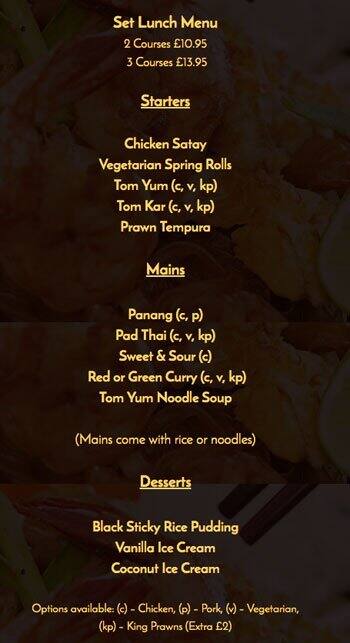 True Thai menu