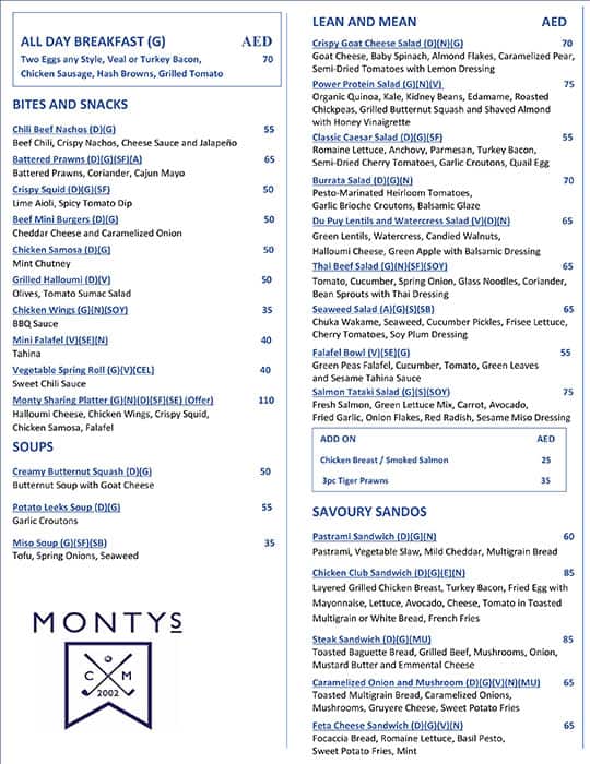 Menu at Monty's restaurant, Dubai, Address Montgomerie Emirates Hills