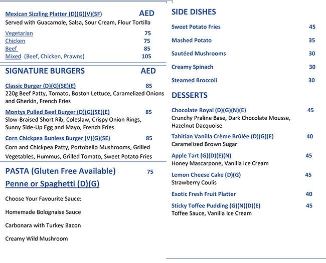 Menu at Monty's restaurant, Dubai, Address Montgomerie Emirates Hills