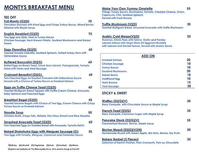 Menu at Monty's restaurant, Dubai, Address Montgomerie Emirates Hills