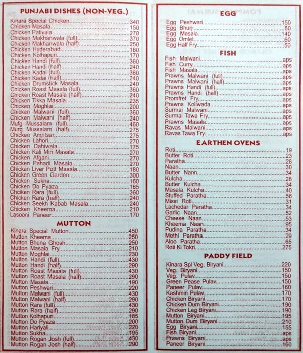 Hotel Kinara menu