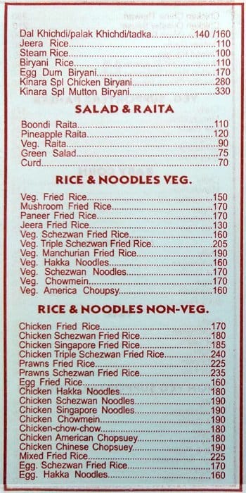 Hotel Kinara menu