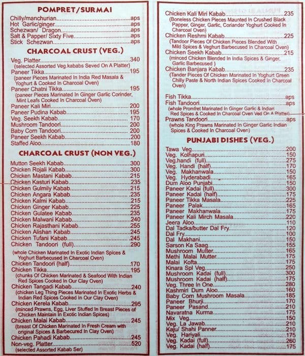 Hotel Kinara menu
