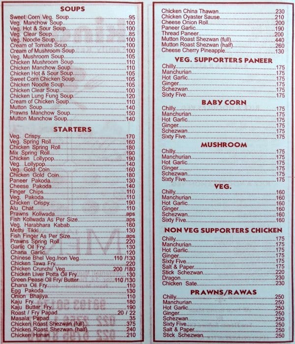 Hotel Kinara menu