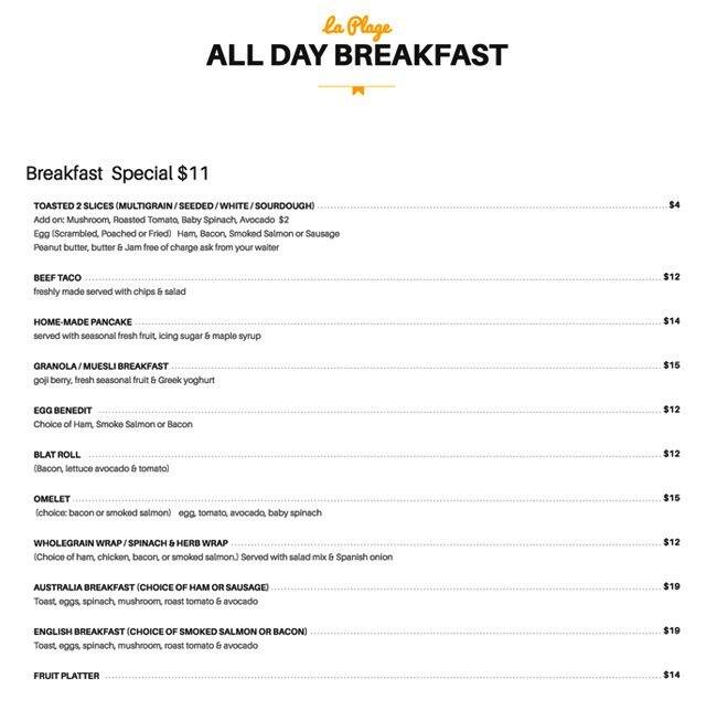 Cafe La Plage Menu, Menu for Cafe La Plage, Bronte, Sydney Urbanspoon