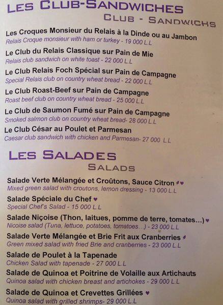 Relais Foch menu