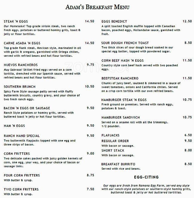 Adam's Steak & Eggs Menu - Urbanspoon/Zomato