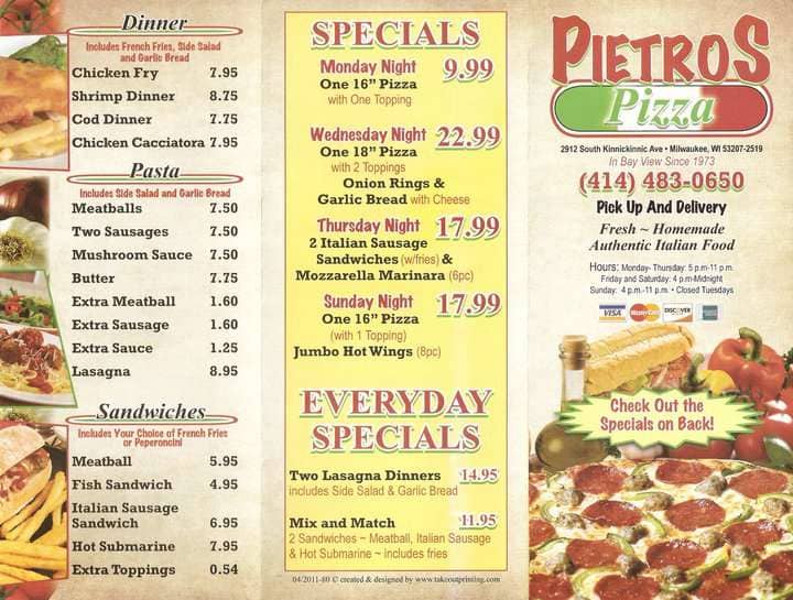 Pietro's Pizza Menu, Menu for Pietro's 
