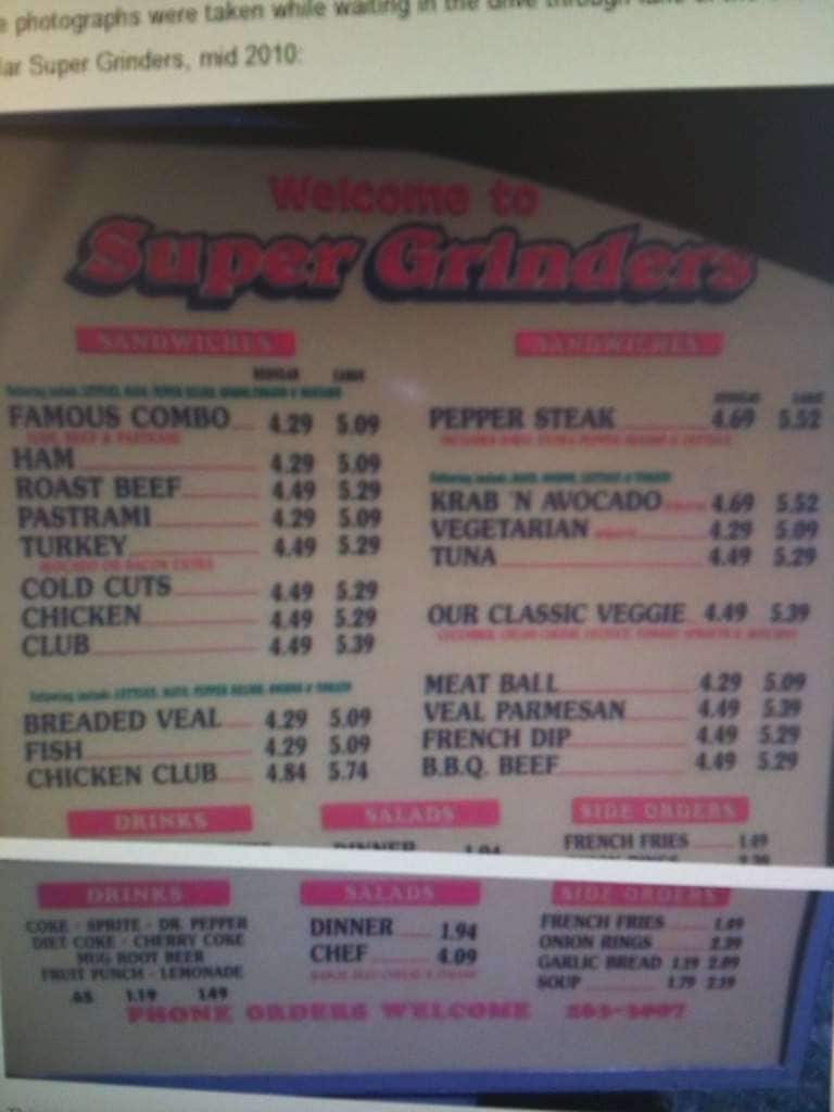GrindersSuper Grinders Menu, Menu for GrindersSuper Grinders, Murray