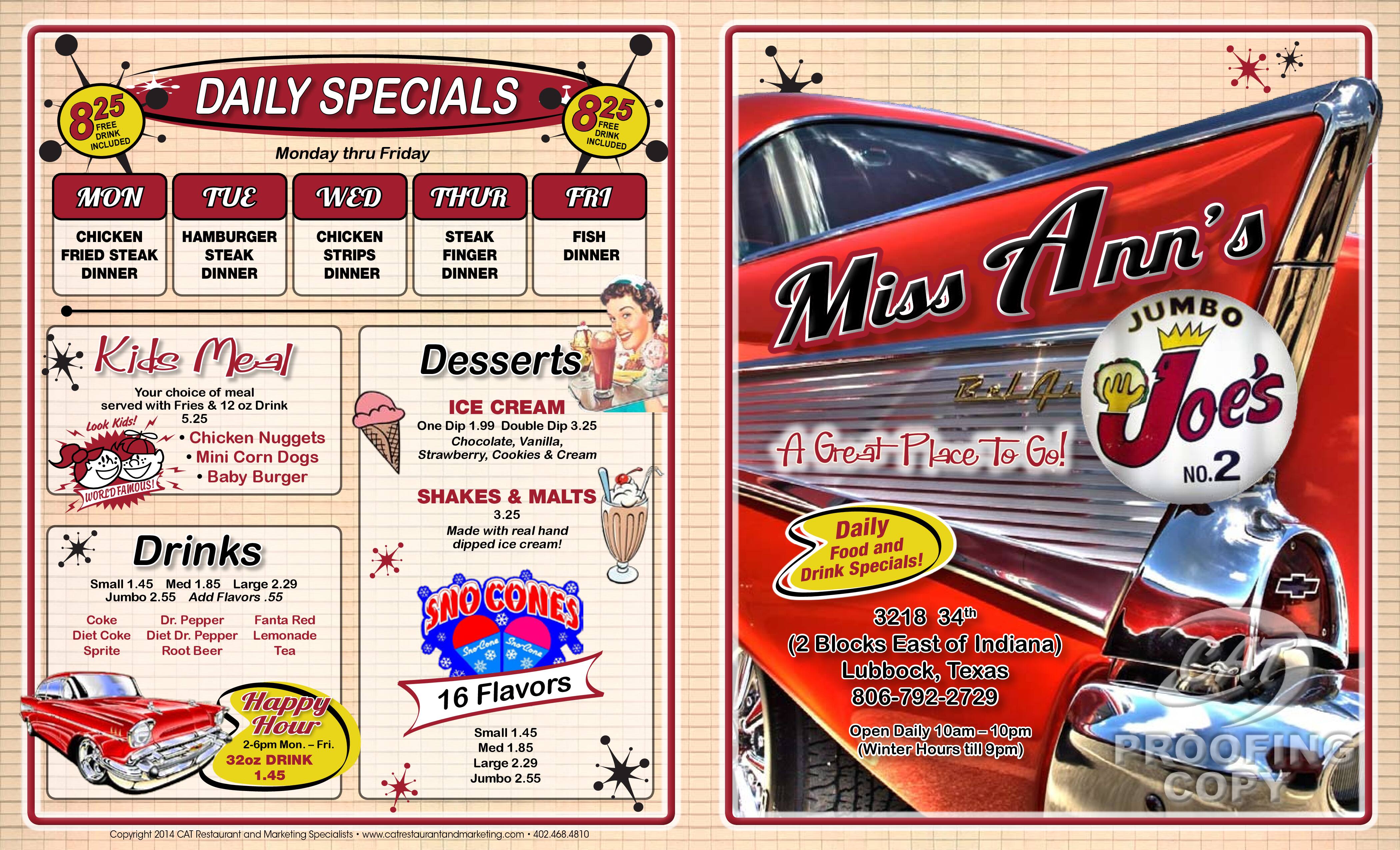 Menu at Jumbo Joe's restaurant, Lubbock, 34th St