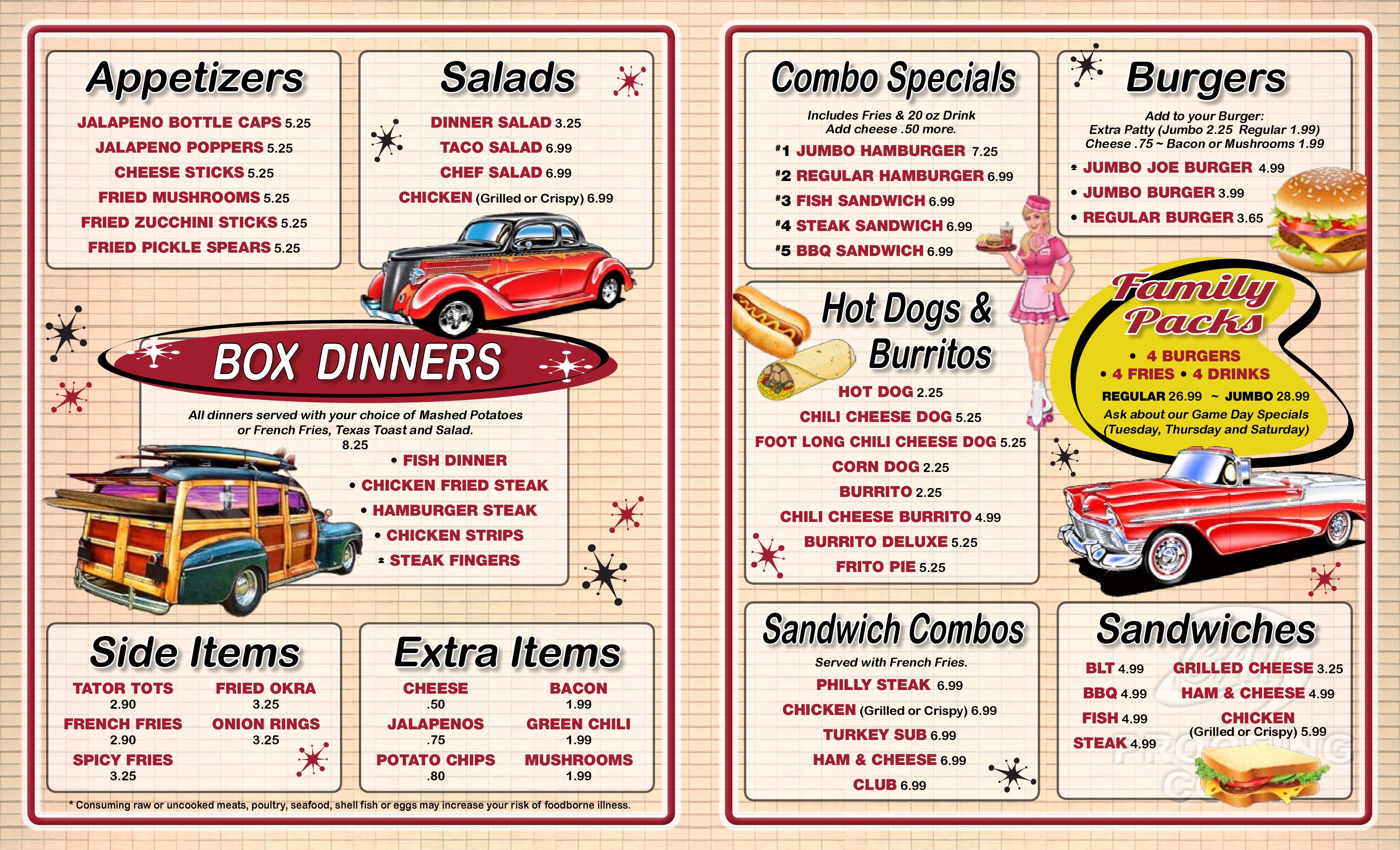 Menu at Jumbo Joe's restaurant, Lubbock, 34th St