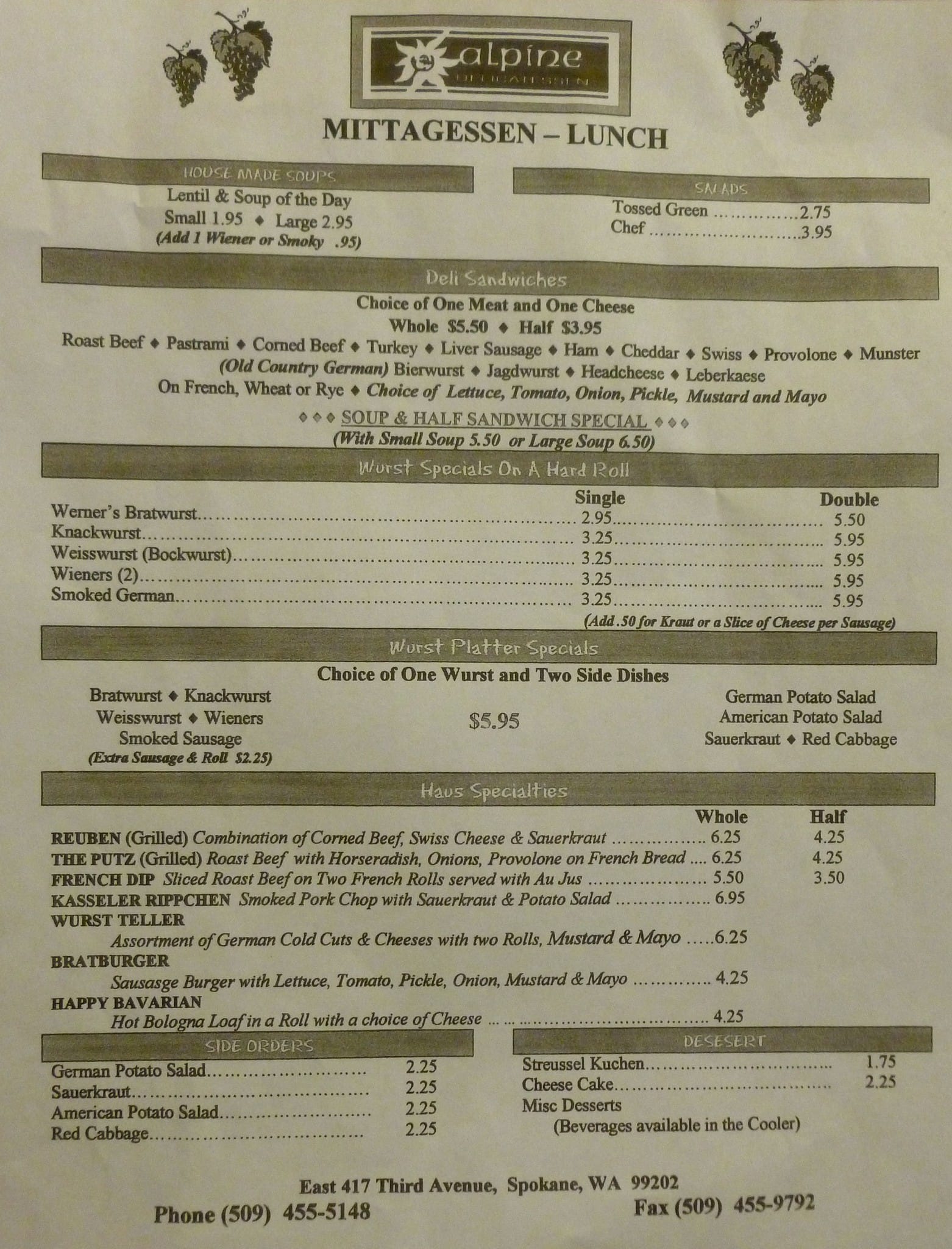 Alpine Delicatessen Menu Menu For Alpine Delicatessen Downtown