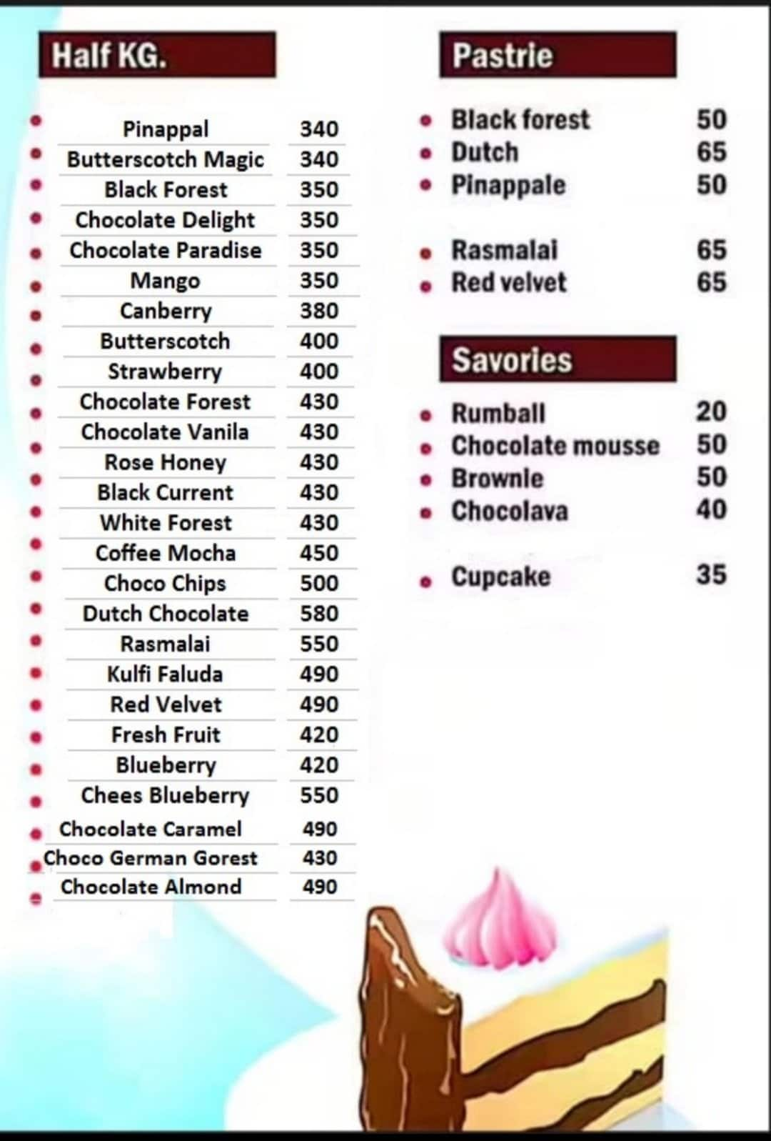 Menu of The Cake Carnival, Katraj, Pune