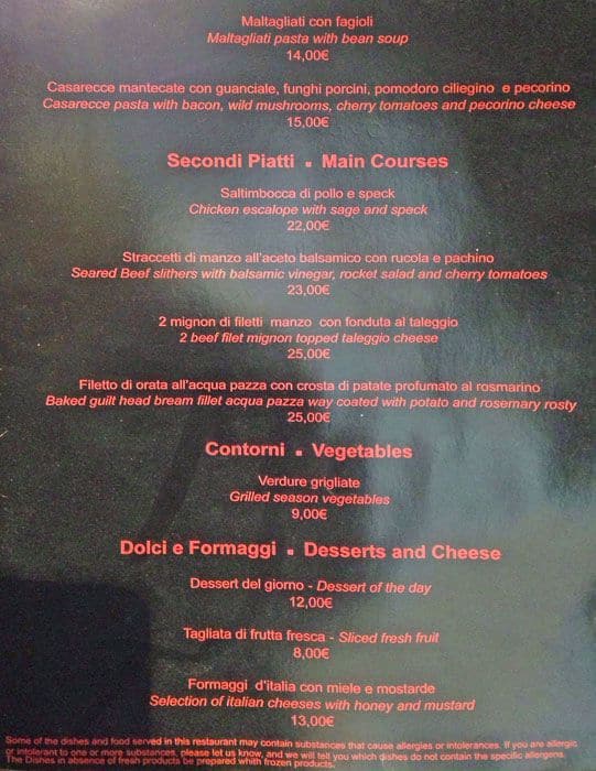 Menu di Sorelle Fontana 