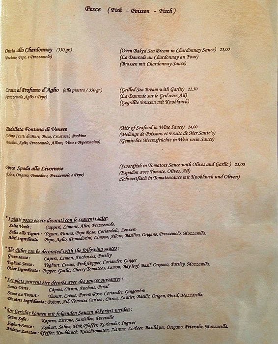 Menu di La fontana di Venere 