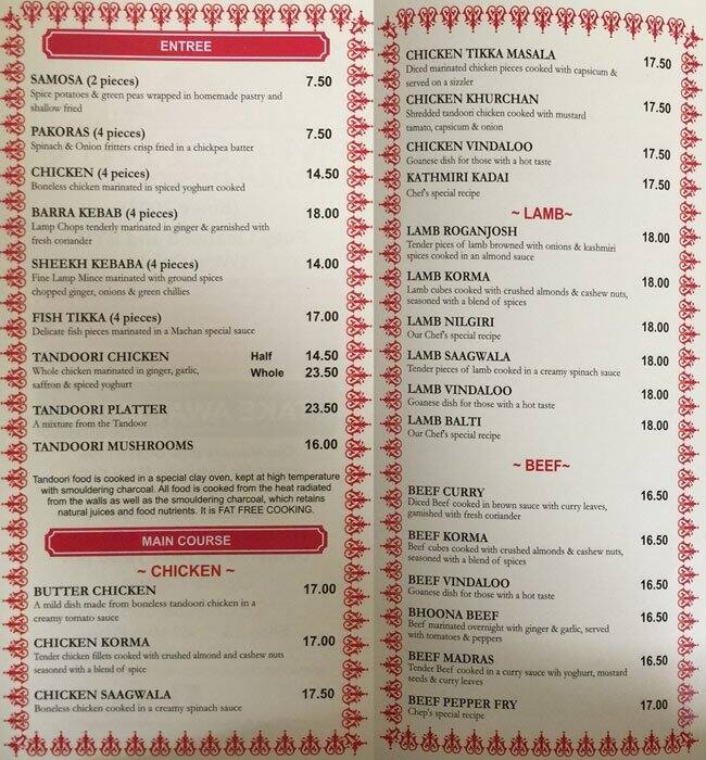Machan Indian Restaurant Menu, Menu v reštaurácii Machan Indian