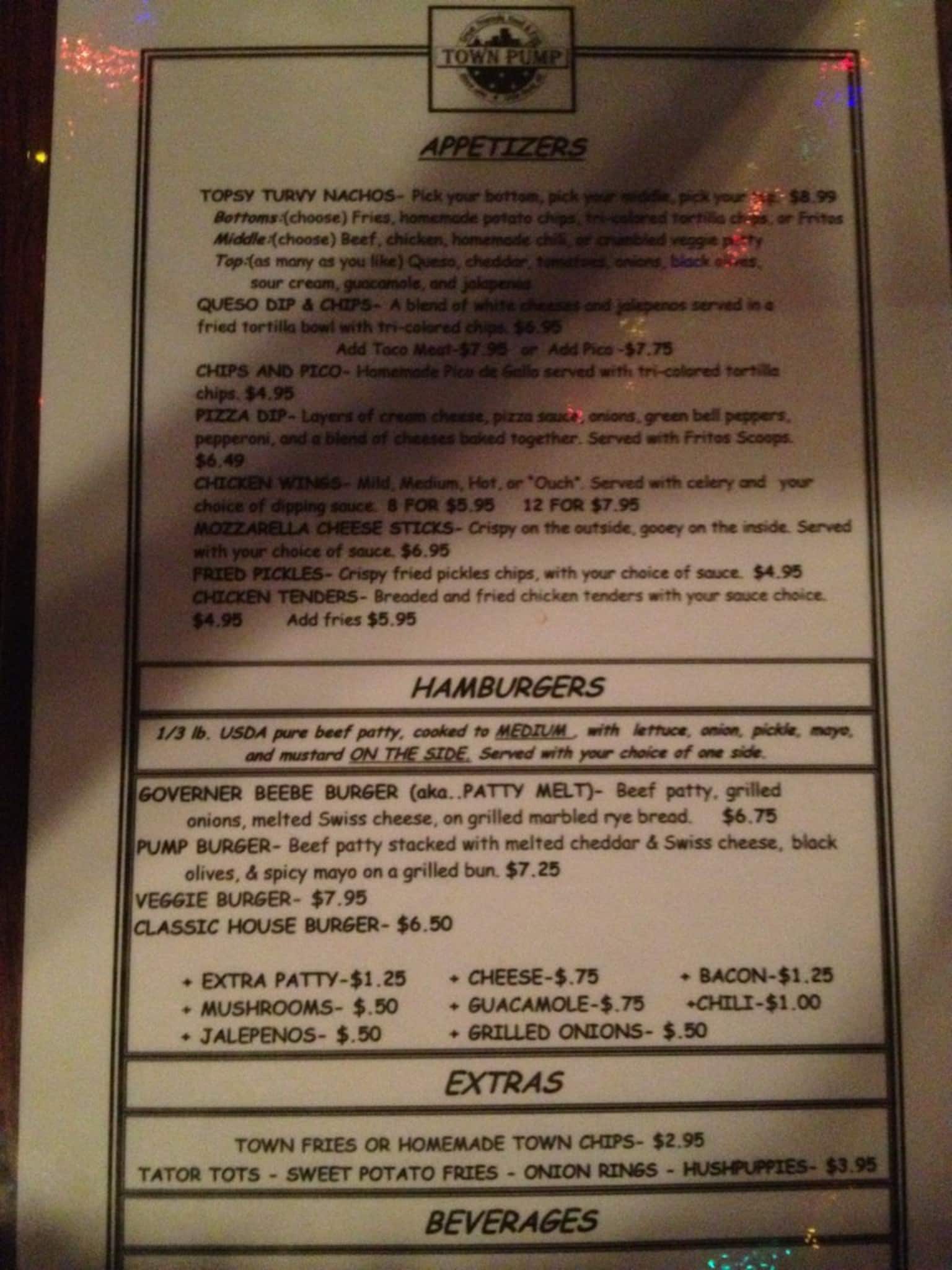Menu at Town Pump pub & bar, Little Rock