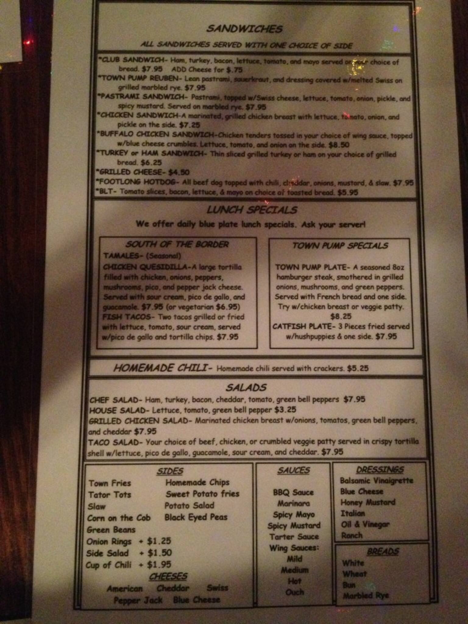 Menu at Town Pump pub & bar, Little Rock