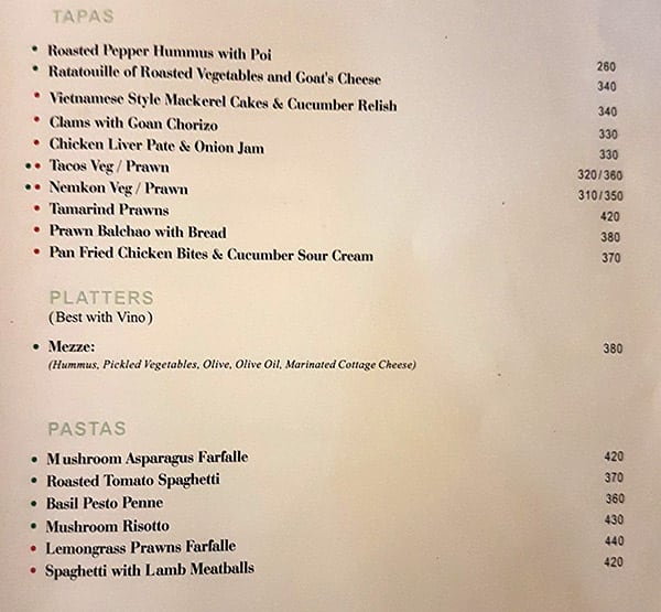 Menu at The Project Cafe, Arpora
