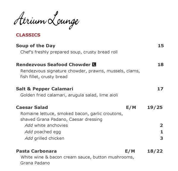 Atrium Lounge Menu, Menu for Atrium Lounge, Hobson Street, Auckland