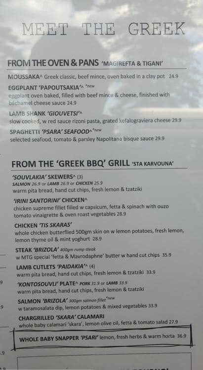 Menu at Meet the Greek restaurant, Brighton-Le-Sands