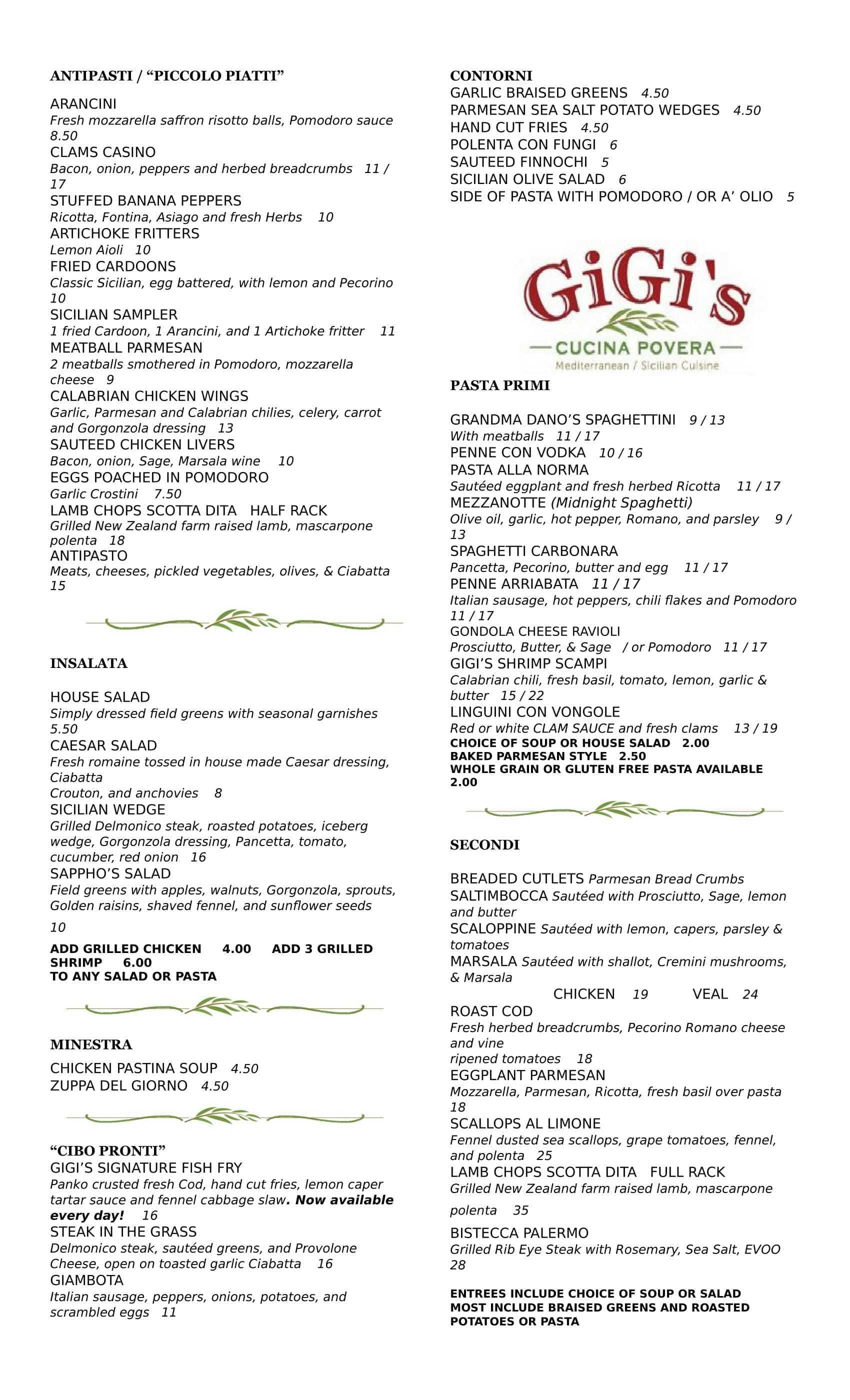 Menu at Gigi's Cucina Povera restaurant, Kenmore, 981 Kenmore Ave
