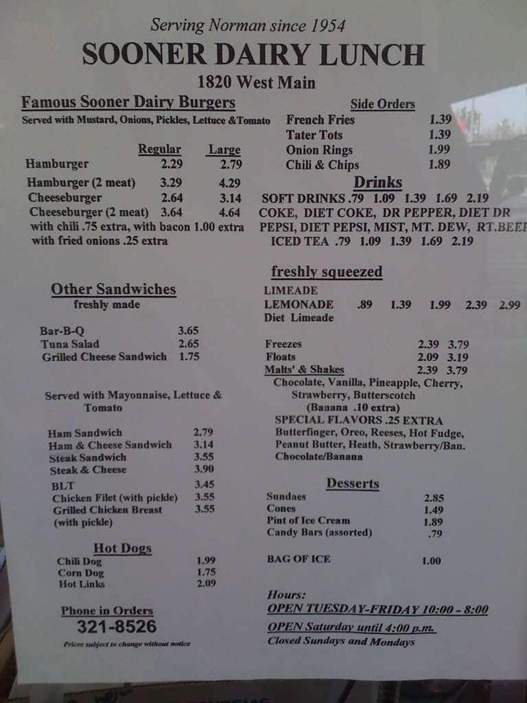 Sooner Dairy Lunch Menu Menu For Sooner Dairy Lunch Norman Oklahoma City