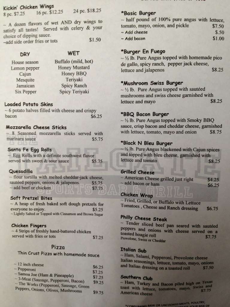 Tailgate Sports Bar Menu, Menu for Tailgate Sports Bar, Savannah, Savannah Urbanspoon/Zomato