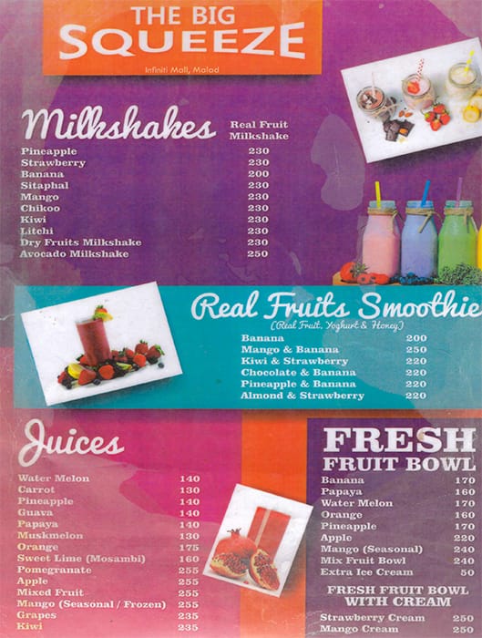 Menu of The Big Squeeze, Seawoods, Navi Mumbai