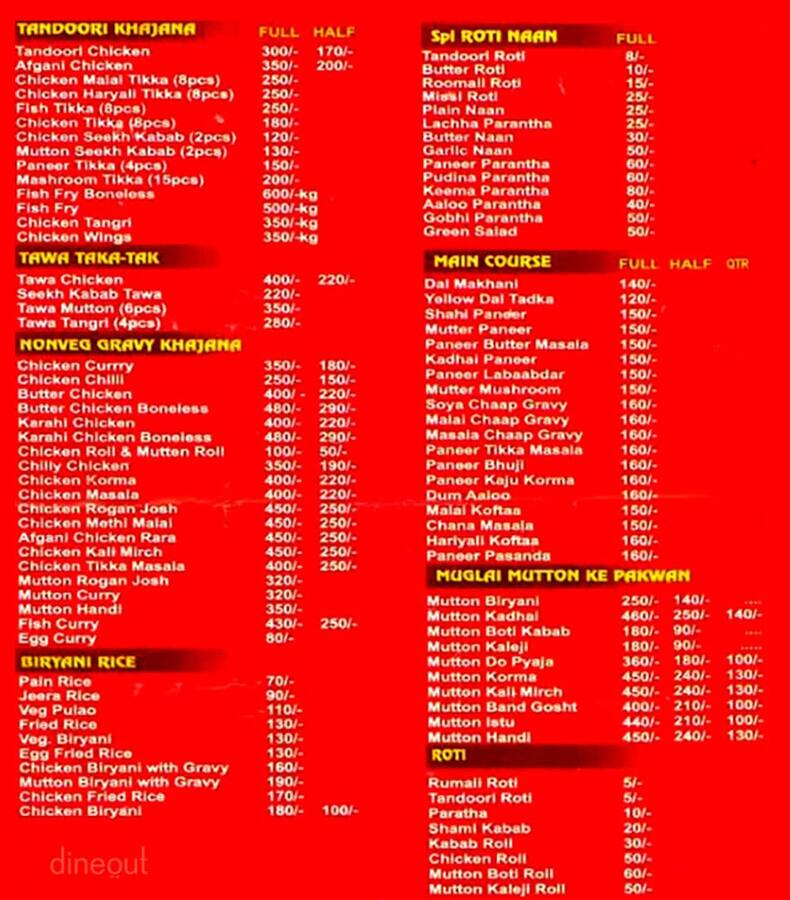 Menu of Mughlai Taste, Jasola, New Delhi